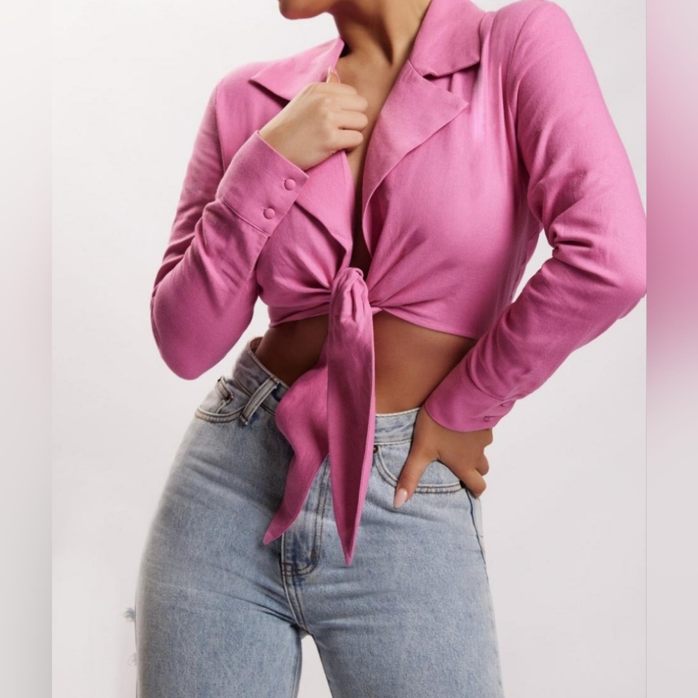 Pink Tie front linen crop top, Meshki, medium